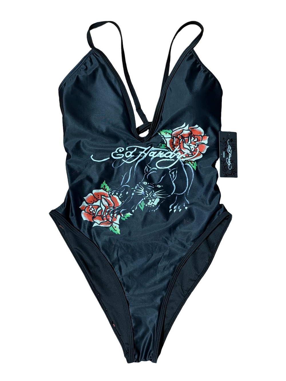 Ed Hardy Black One-Piece Swimsuit with Red Rose & Panther Graphic